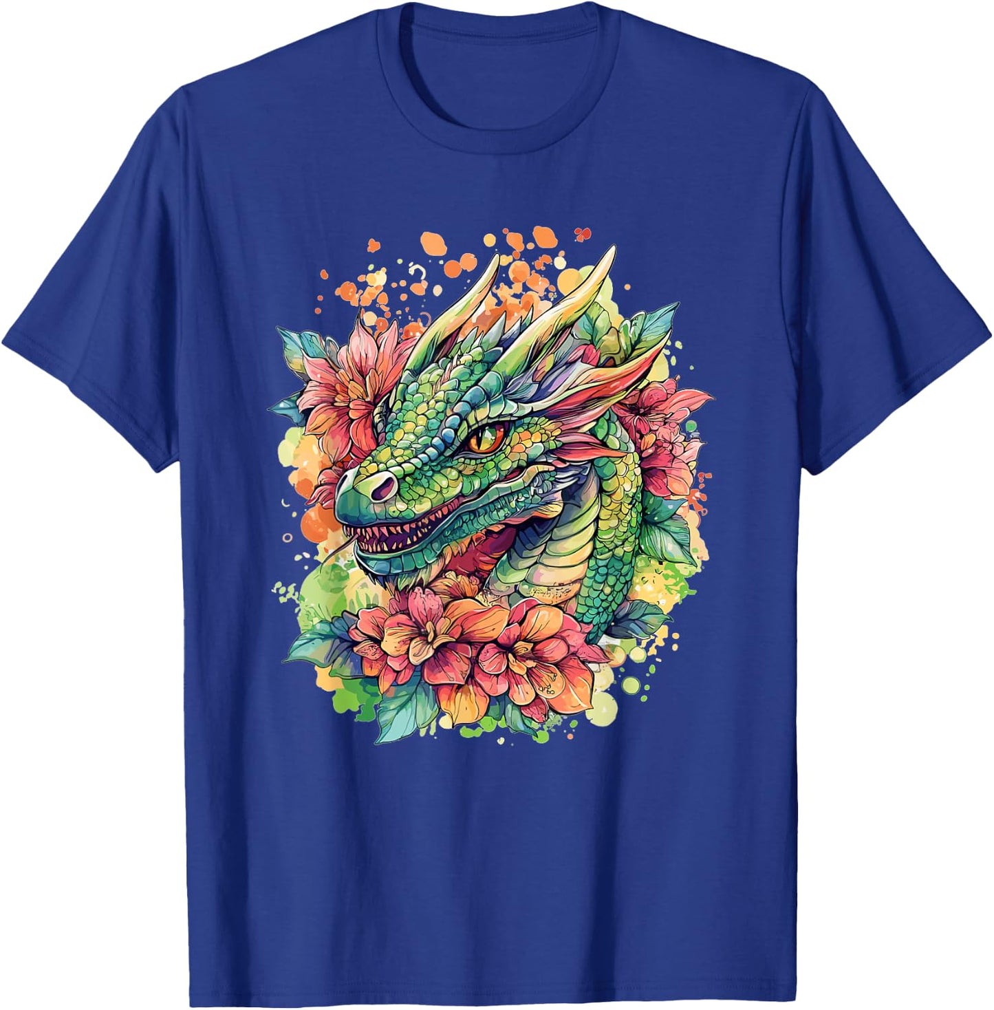 Colorful Dragon Surrounded By Flowers T-Shirt - T-Shirt | Royal