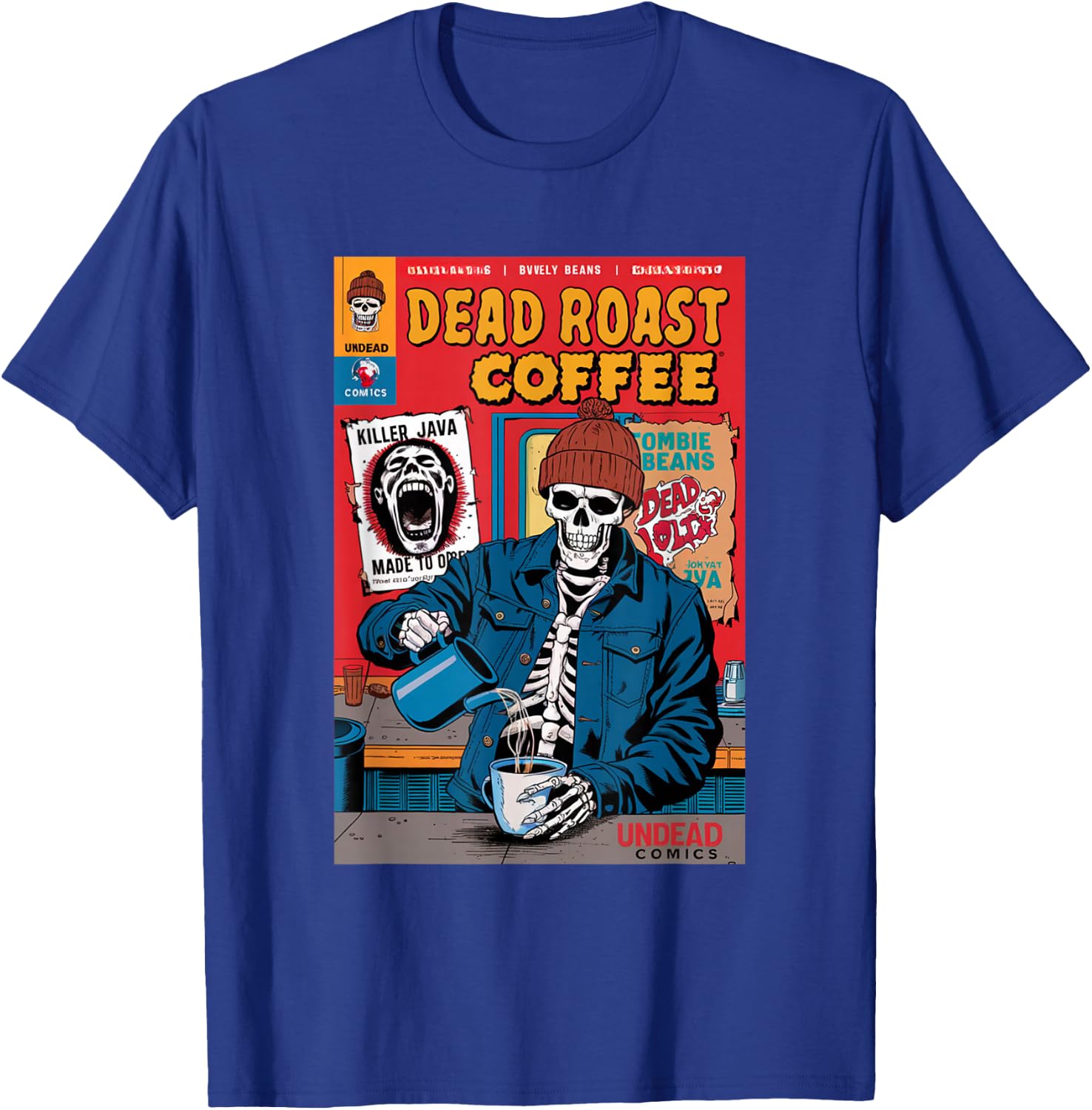 Dead Roast Coffee Comic Book Cover Style Skeleton Barista T-Shirt - T-Shirt | Royal