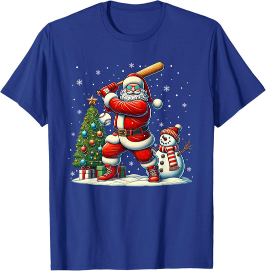 Funny Christmas Santa Playing Baseball Xmas Boys Men Kids T-Shirt - T-Shirt | Royal
