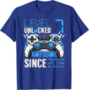 Level 7 Unlocked Awesome Since 2018 7th Birthday Boy T-Shirt - T-Shirt | Royal
