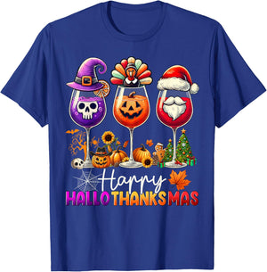 Happy Hallothanksmas Wine Halloween Thanksgiving Christmas T-Shirt - T-Shirt | Royal