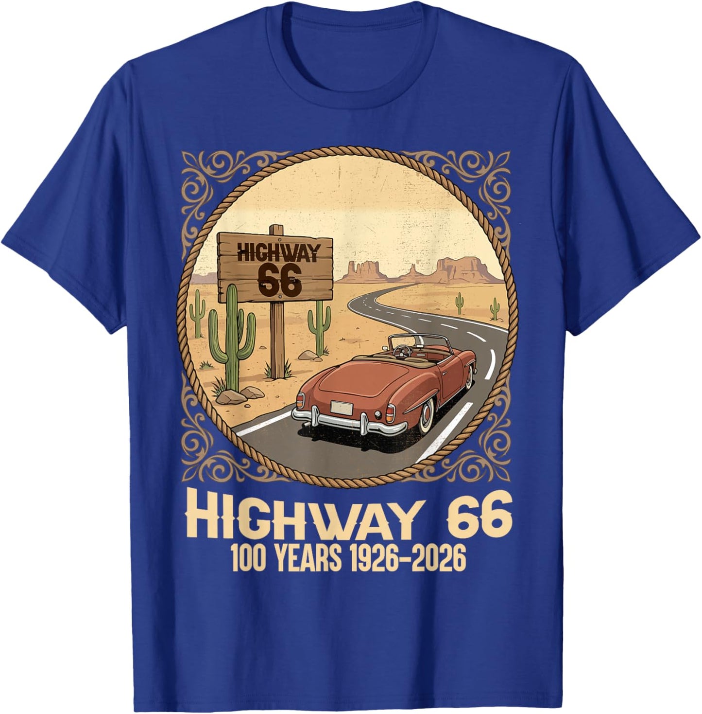 Highway 66 100 Years 1926-2026 Classic Car Lover Anniversary T-Shirt - T-Shirt | Royal