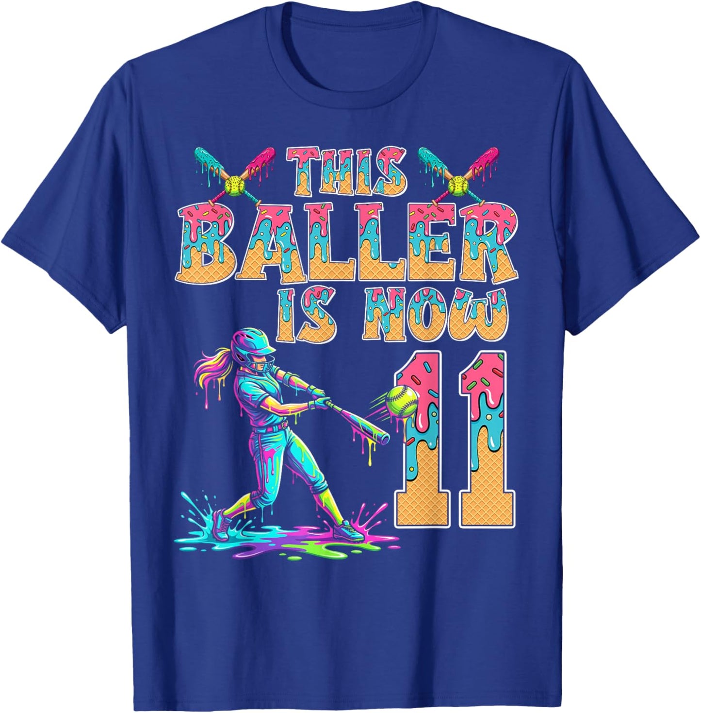This Baller is Now 11 Years Old Birthday Girl Softball 11th T-Shirt - T-Shirt | Royal