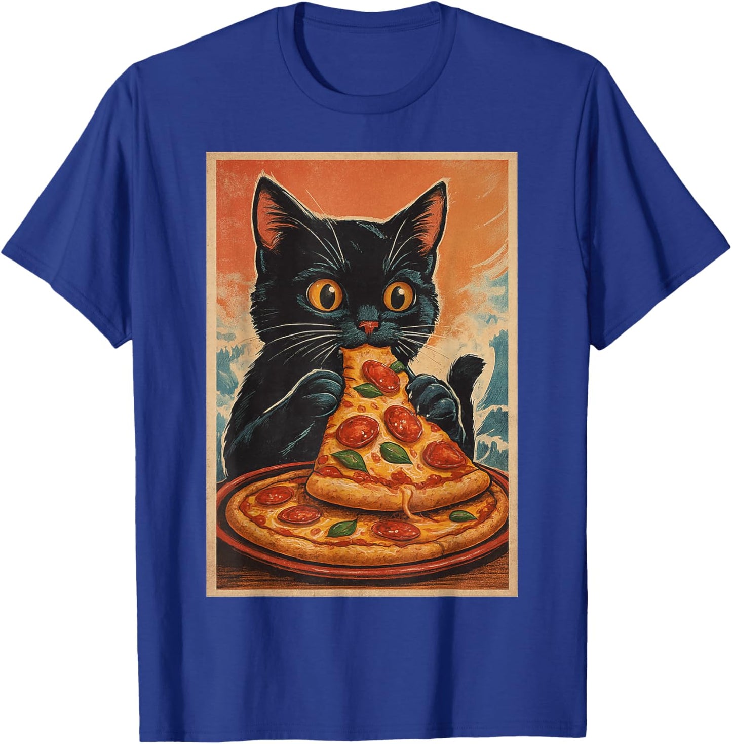 Funny Black Cat Eating Pizza Retro Japanese T-Shirt - T-Shirt | Royal