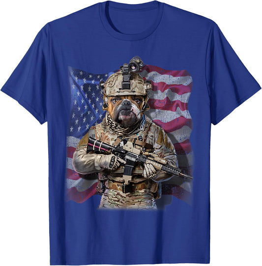 USA America Patriot Bull Dog as Army Commando T-Shirt - T-Shirt | Royal