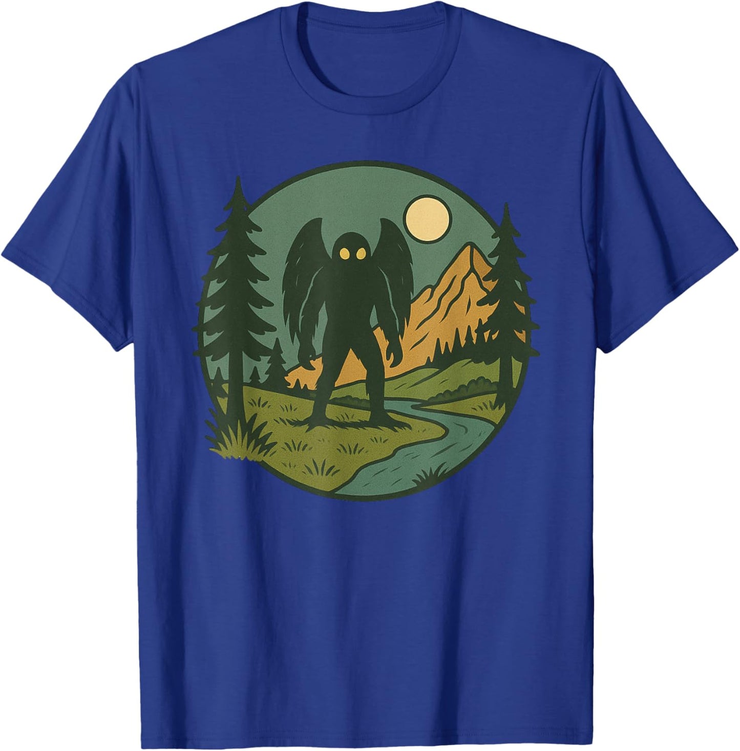 Mothman Retro Forest Creature with Mountains and River T-Shirt - T-Shirt | Royal