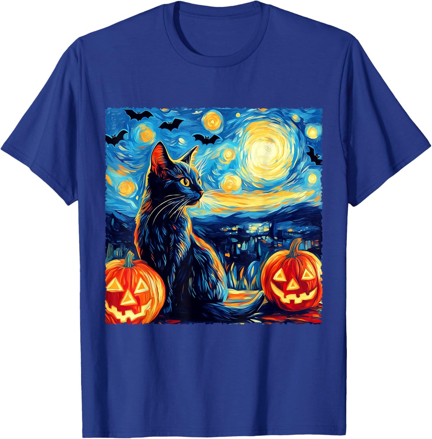 Cat Starry Night Van Gogh Cat Lover Bats Pumpkins Halloween Men Women Kids T-Shirt - T-Shirt | Royal