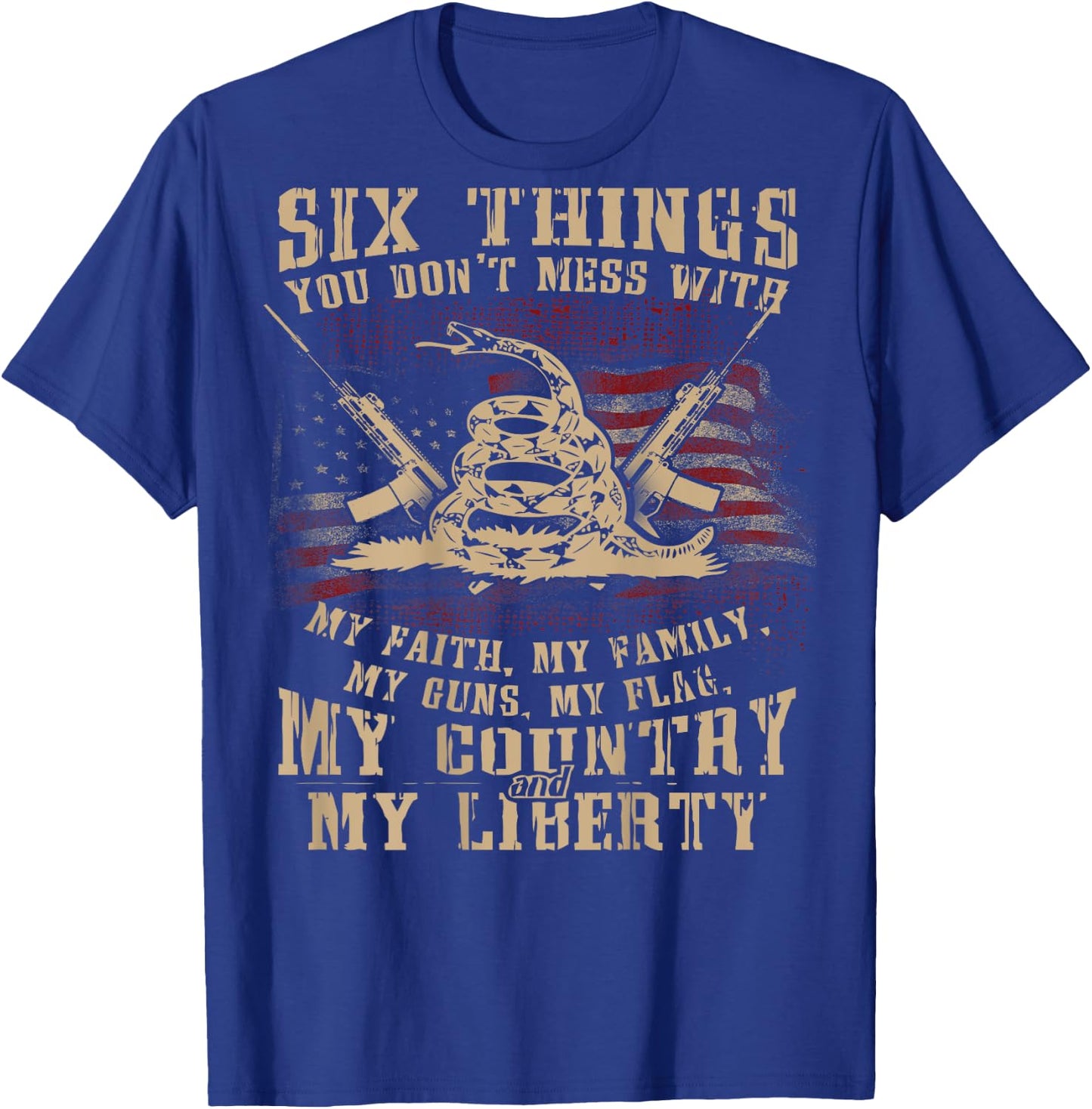 Faith Family Guns Flag Country and Liberty Backprint T-Shirt - T-Shirt | Royal