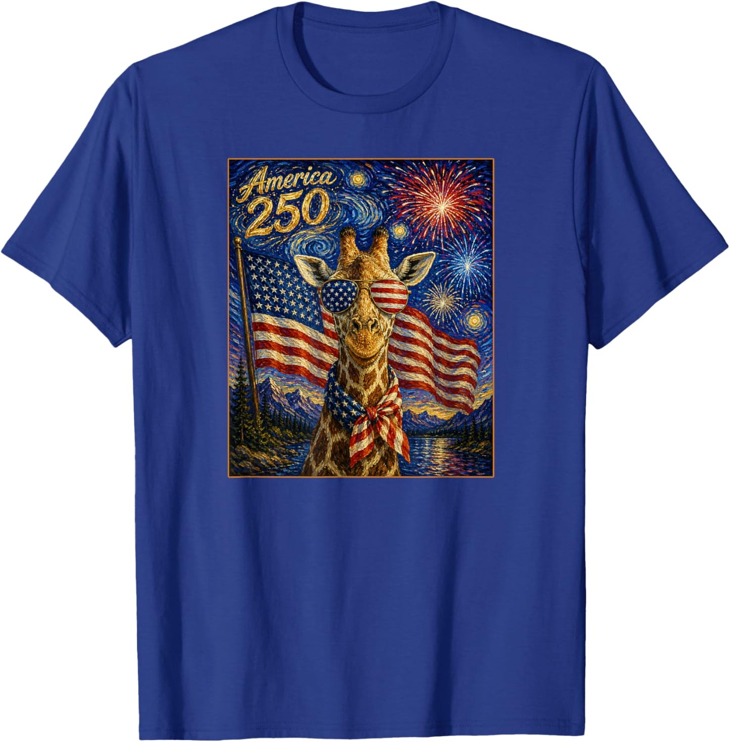 Giraffe Art on America 250 Anniversay 4th of July USA Flag T-Shirt - T-Shirt | Royal