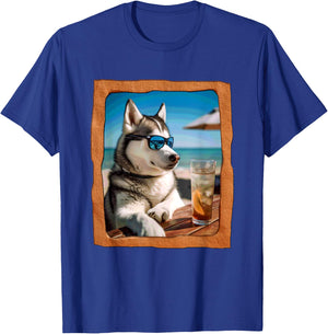 Husky with Sunglasses Enjoying Beach Time T-Shirt - T-Shirt | Royal