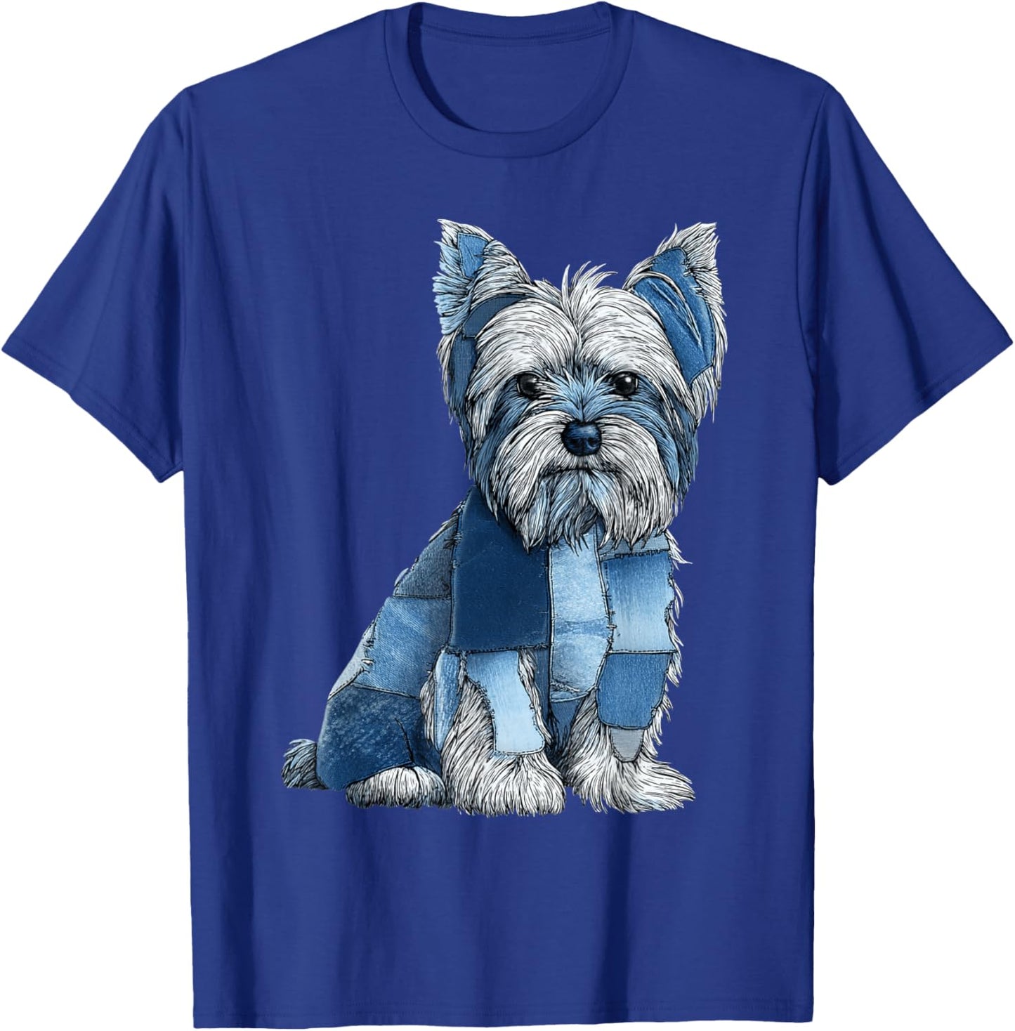Funny Yorkshire Terrier Blue Denim Patchwork Graphic Animal T-Shirt - T-Shirt | Royal