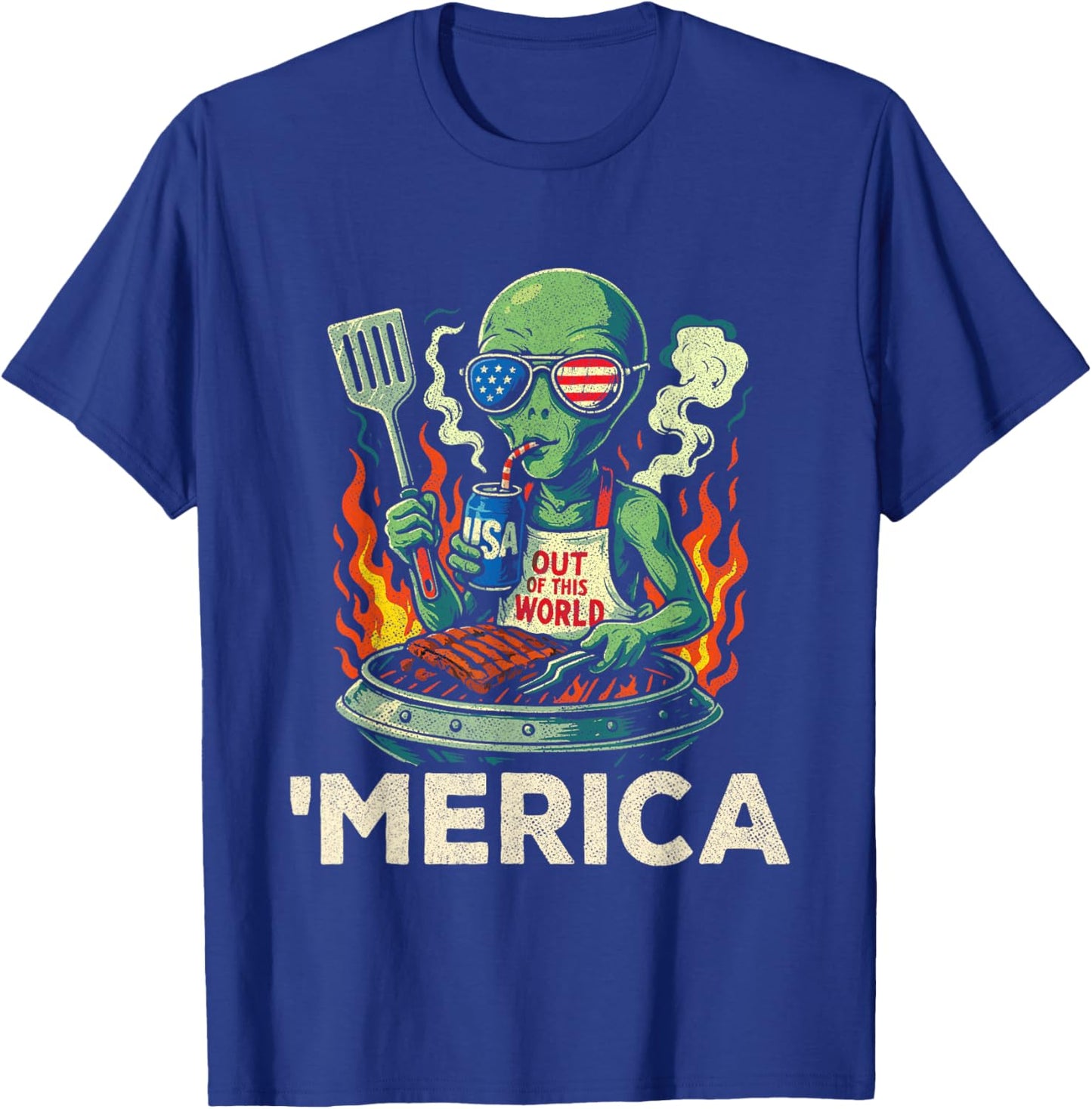 4th of July American Alien Grill - Merica USA - Funny Alien T-Shirt - T-Shirt | Royal