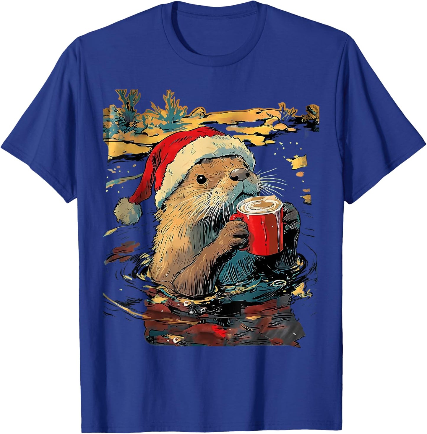 Christmas Otter Drinks Coffee Art Print T-Shirt - T-Shirt | Royal