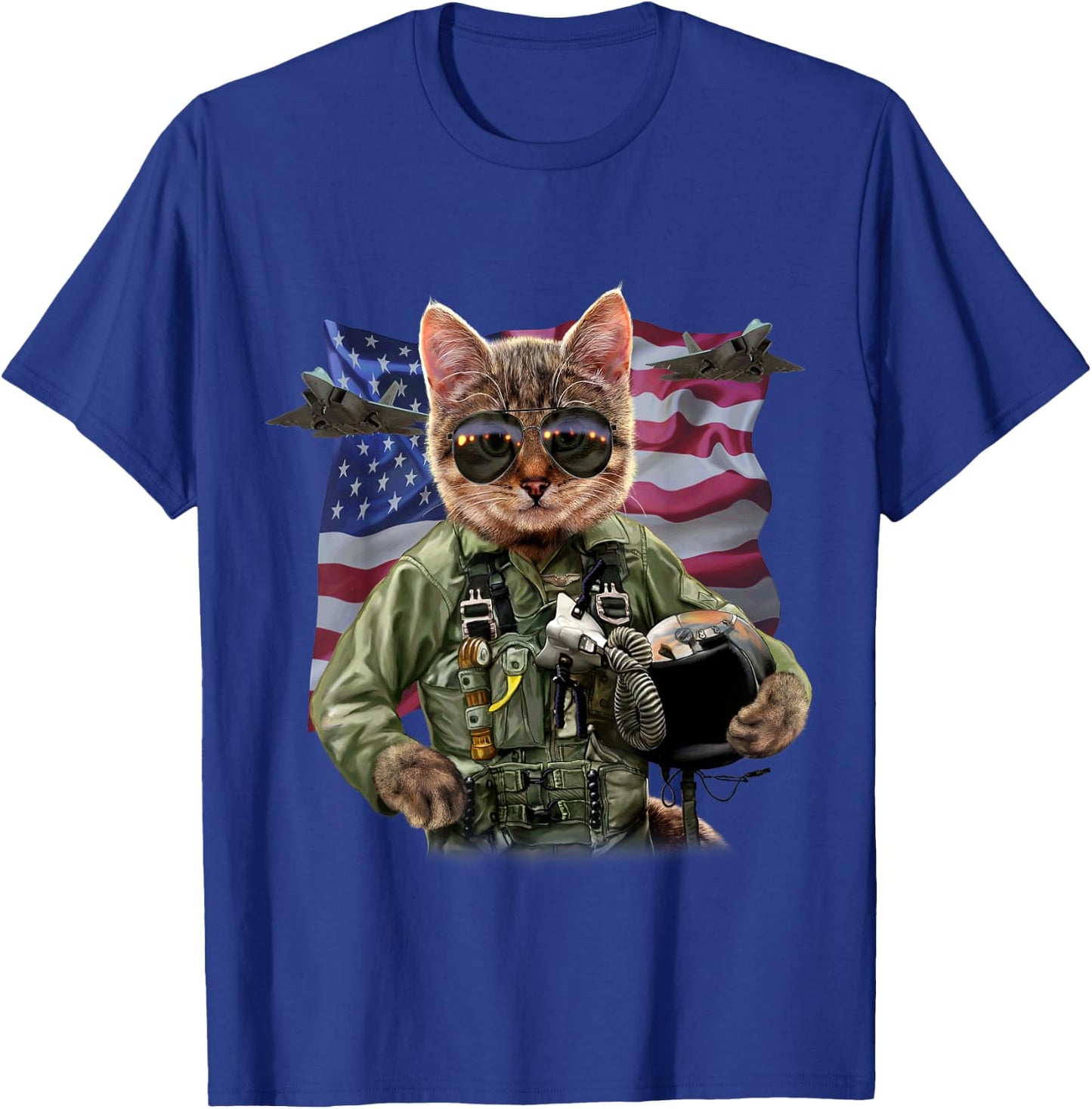 Cat Fighter Pilot with American Flag and Jets T-Shirt - T-Shirt | Royal