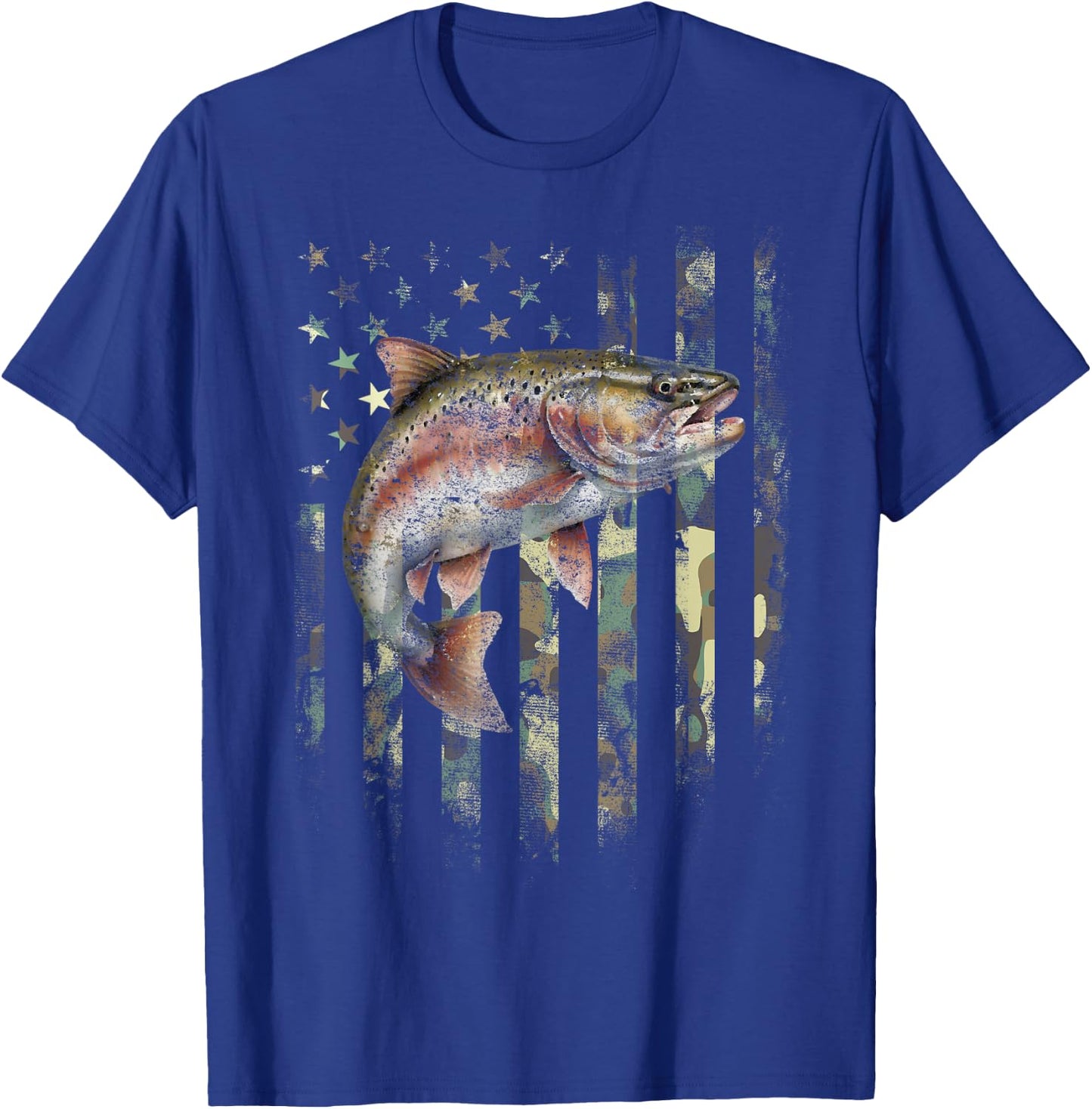 American USA Flag Rainbow Trout Fishing Camo Camouflage T-Shirt - T-Shirt | Royal