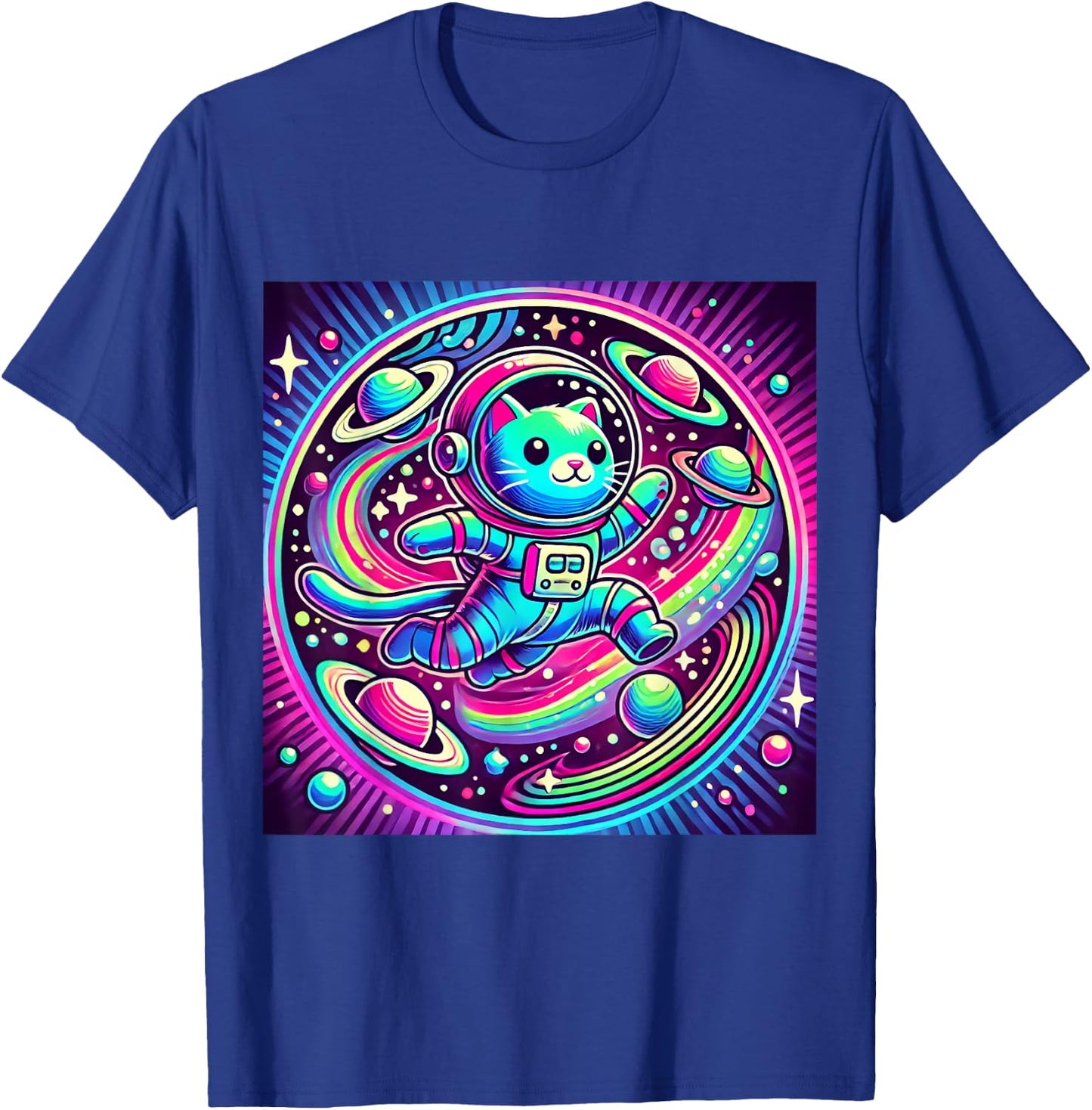 Astronaut Cat Flying Through a Neon Galaxy T-Shirt - T-Shirt | Royal