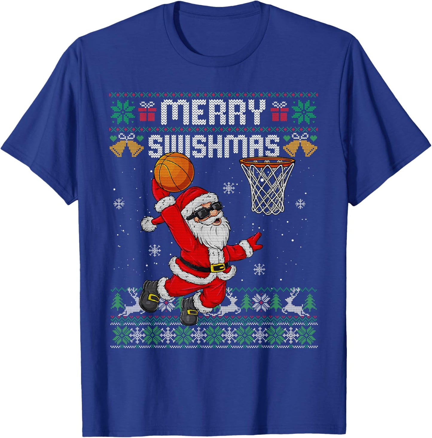 Merry Swishmas Ugly Christmas Sweater Funny Basketball Santa T-Shirt - T-Shirt | Royal