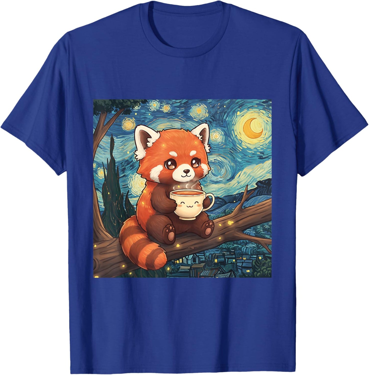 Fluffy Red Panda Holding Tea Cup Van Gogh Starry Night Art T-Shirt - T-Shirt | Royal