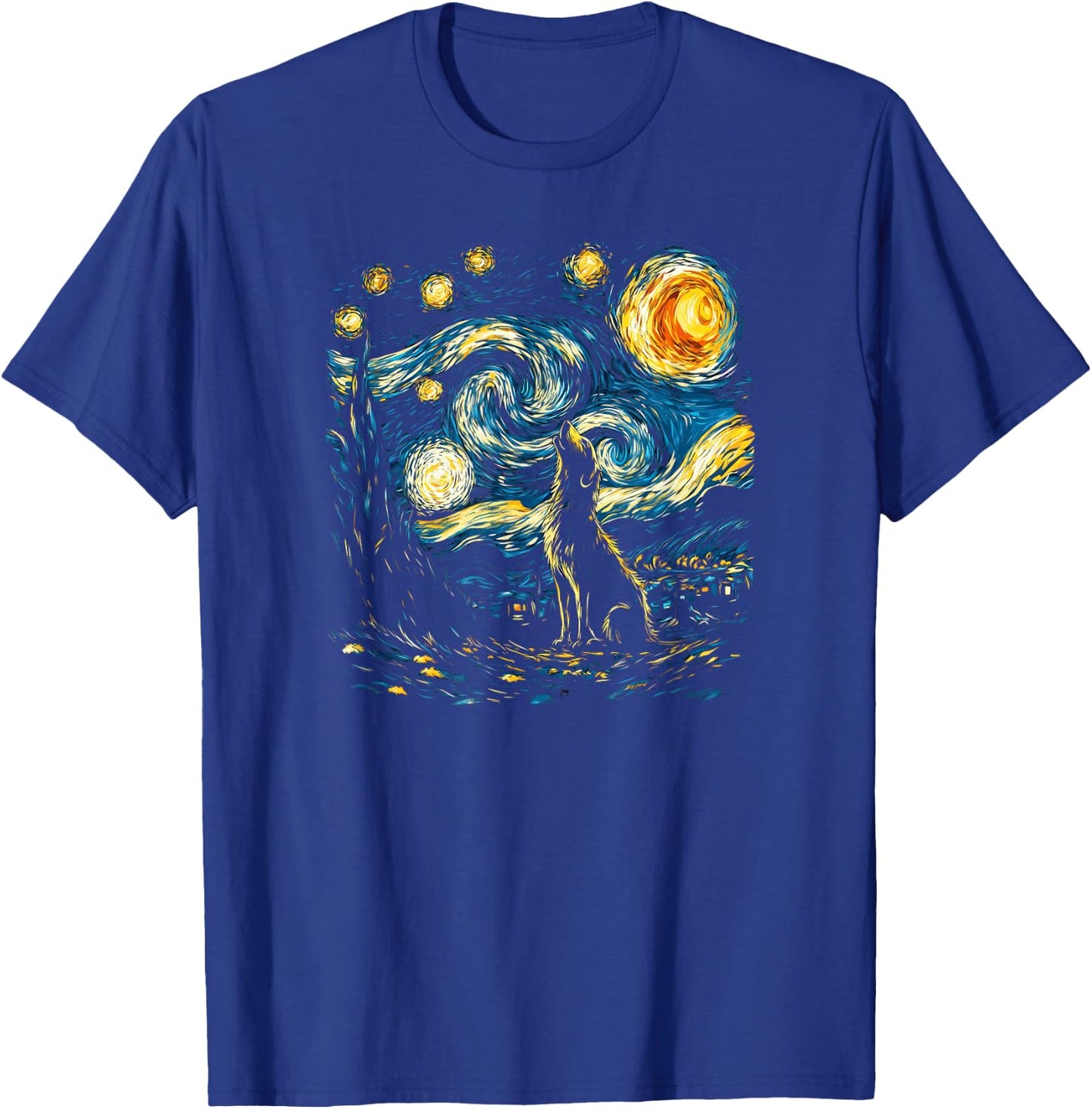 Wolf Starry Night Howling Moon Funny Van Gogh Graphic T-Shirt - T-Shirt | Royal