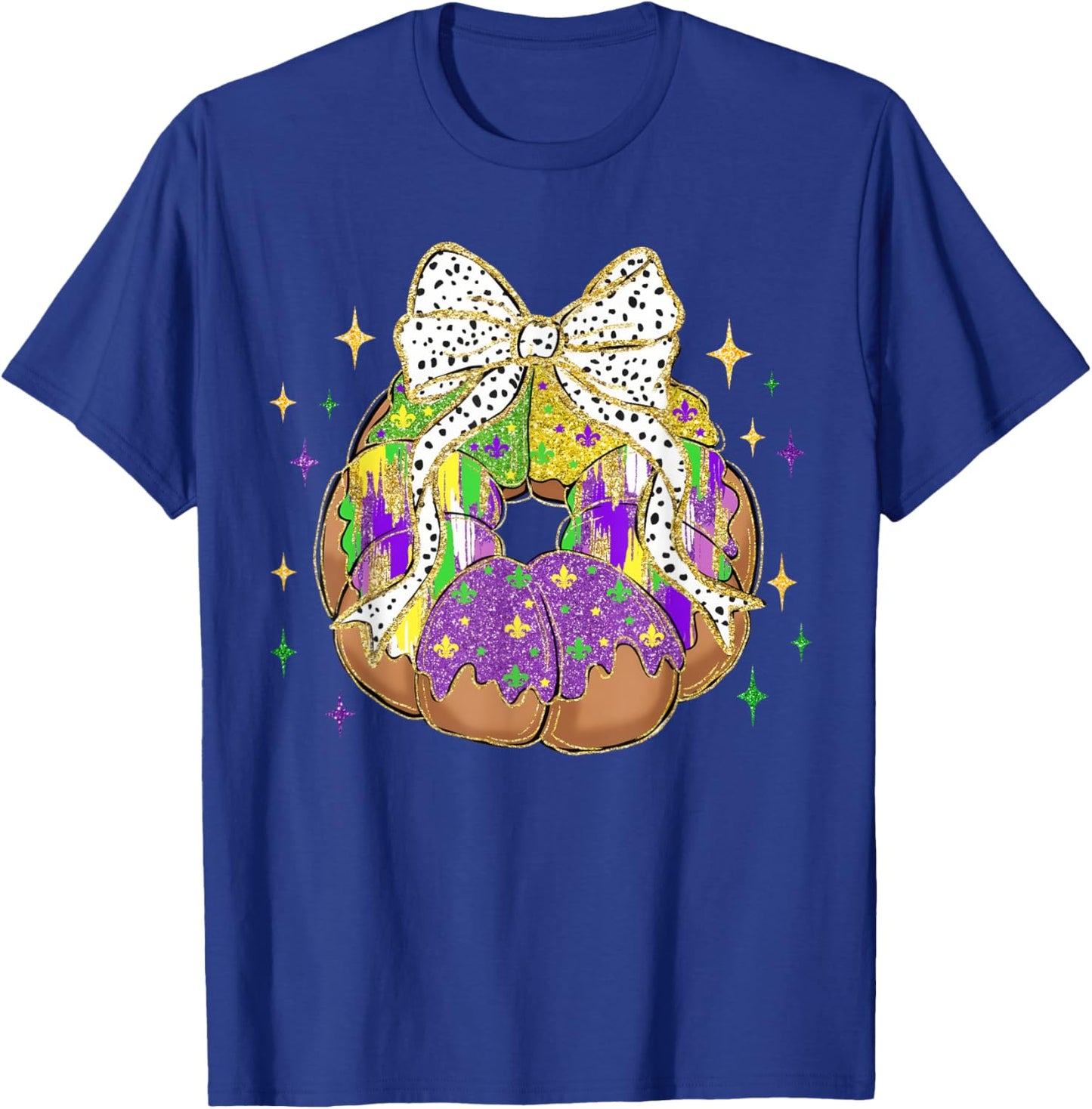 Retro King Cake Coquette Bow Beads Happy Mardi Gras Carnival T-Shirt - T-Shirt | Royal