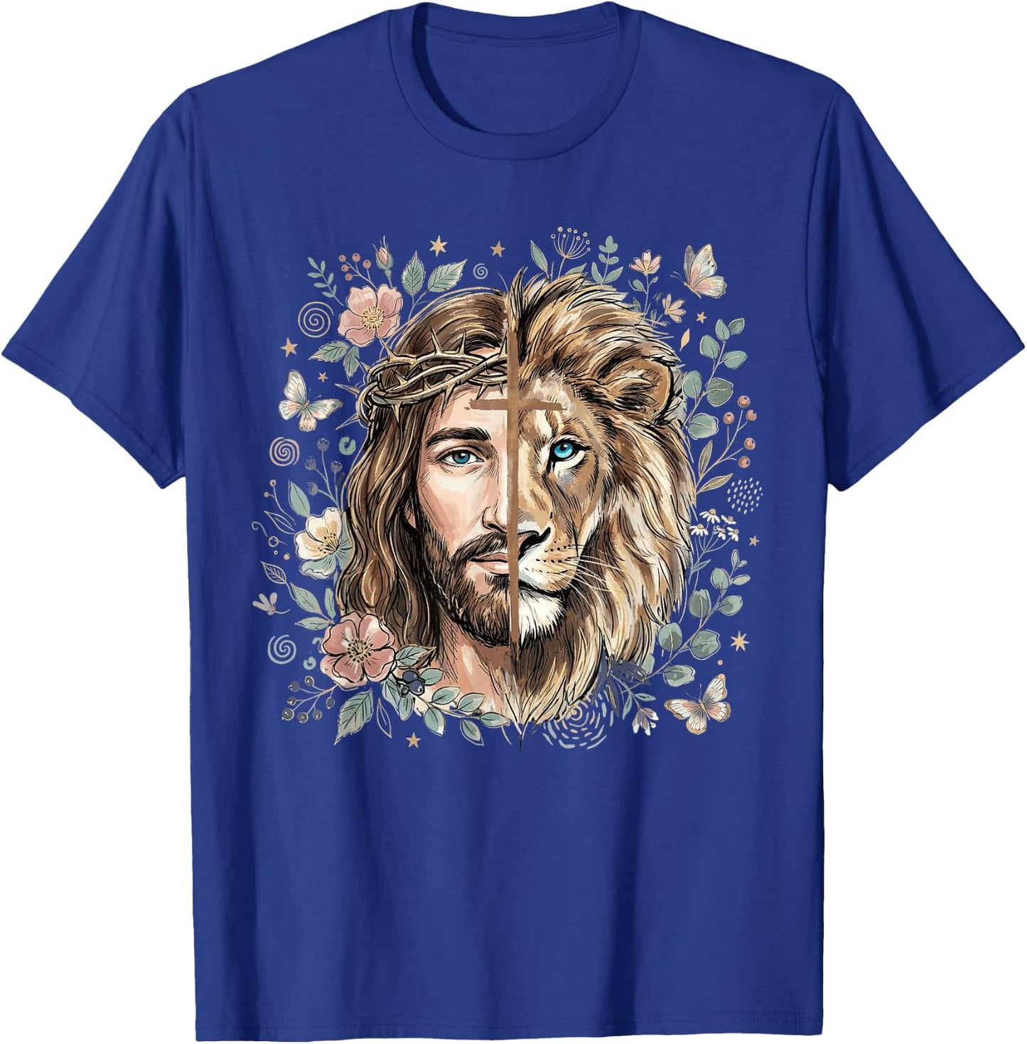 Lion of Judah Jesus Christian Cross Floral Faith Religious T-Shirt - T-Shirt | Royal