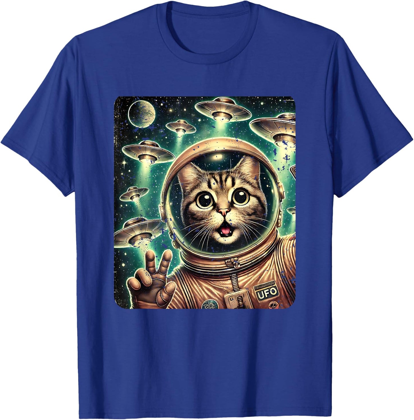 Space Cat Astronaut UFO Funny Sci-fi Alien Selfie T-Shirt - T-Shirt | Royal
