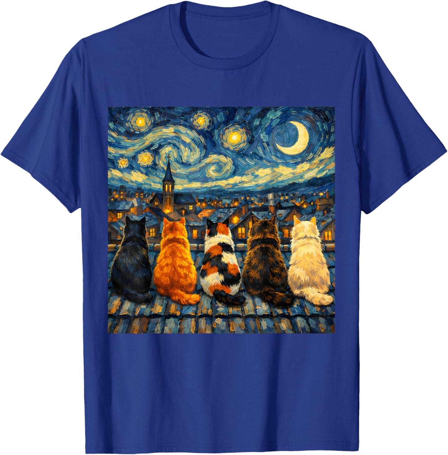 Funny Cat Starry Night Van Gogh Cats Rooftop Scene Feline T-Shirt - T-Shirt | Royal