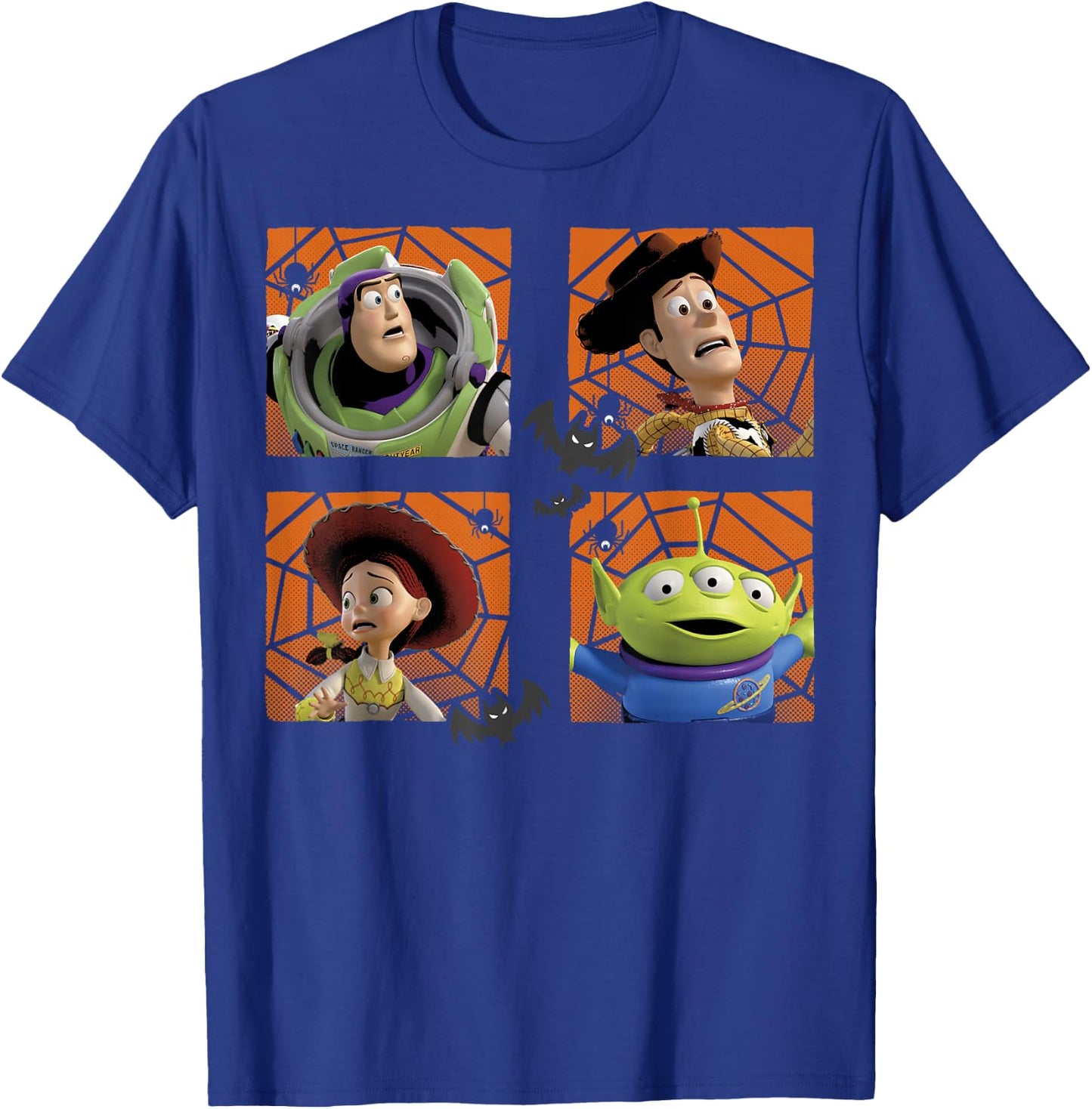 Disney Pixar Toy Story Halloween Buzz Woody Spiderweb Panels T-Shirt - T-Shirt | Royal