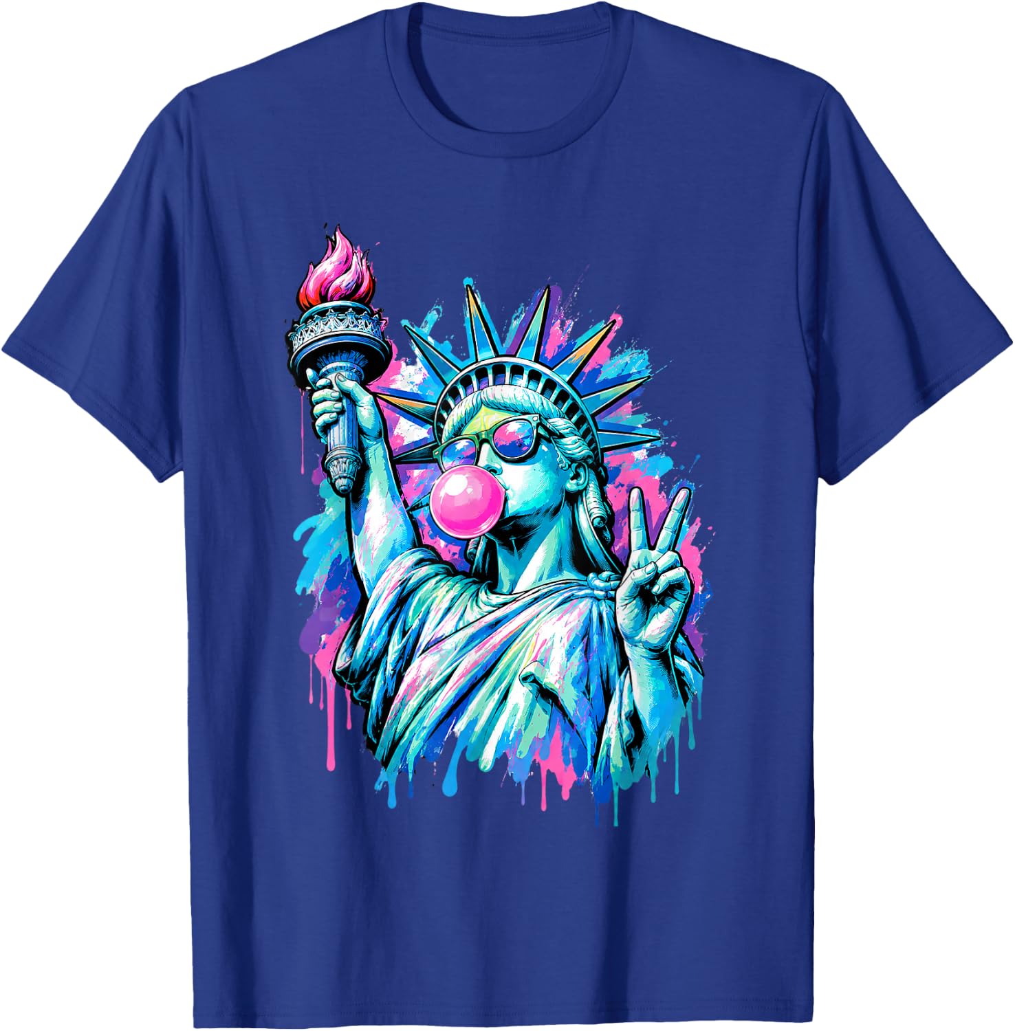 Funny Statue of Liberty Blowing Bubble Gum 4th of July Girl T-Shirt - T-Shirt | Royal