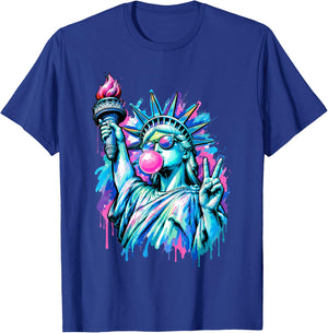 Funny Statue of Liberty Blowing Bubble Gum 4th of July Girl T-Shirt - T-Shirt | Royal