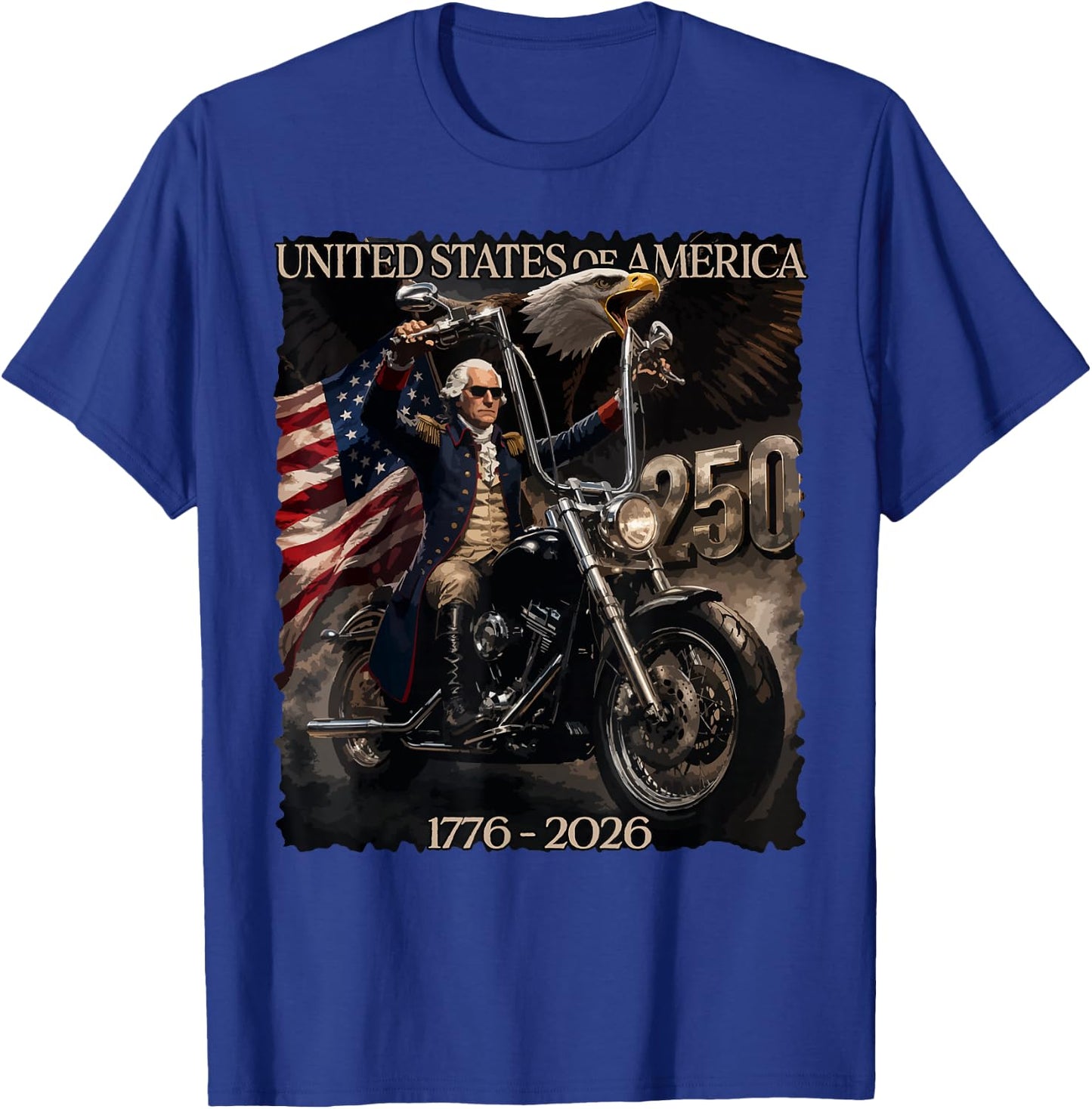 250 Years George Washington Riding a Motorcycle 1776-2026 T-Shirt - T-Shirt | Royal