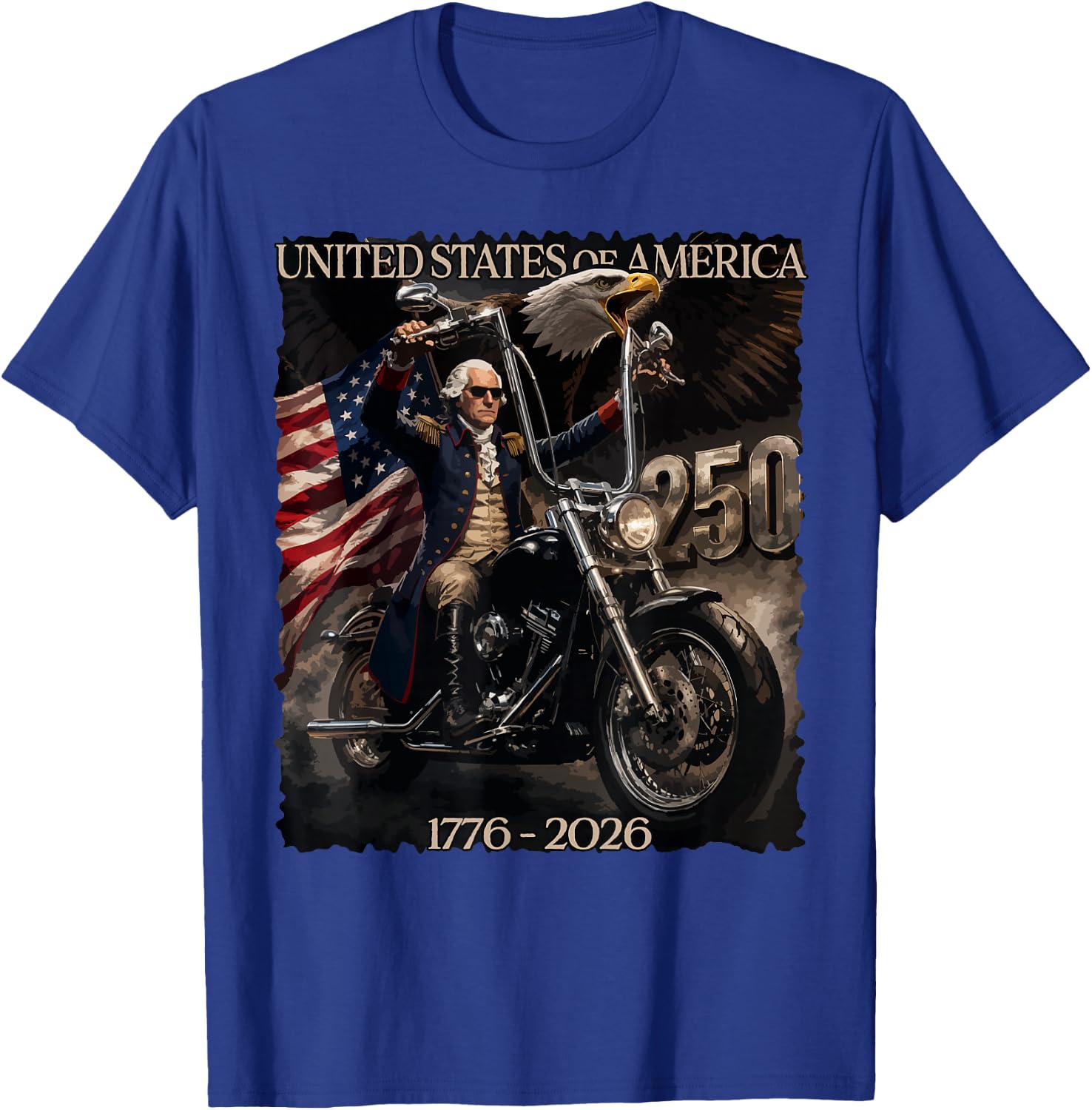 250 Years George Washington Riding a Motorcycle 1776-2026 T-Shirt - T-Shirt | Royal