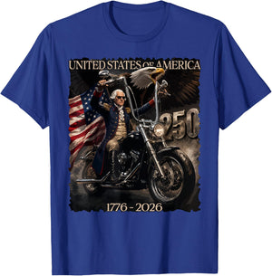 250 Years George Washington Riding a Motorcycle 1776-2026 T-Shirt - T-Shirt | Royal
