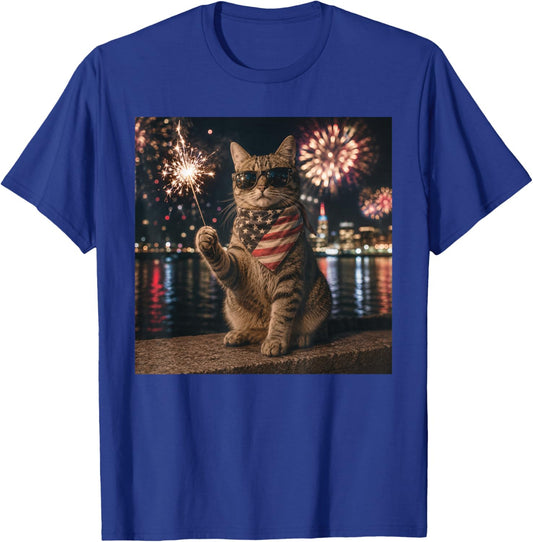 Funny Cat Fireworks Meme Patriotic 4th of July Cat Lovers T-Shirt - T-Shirt | Royal