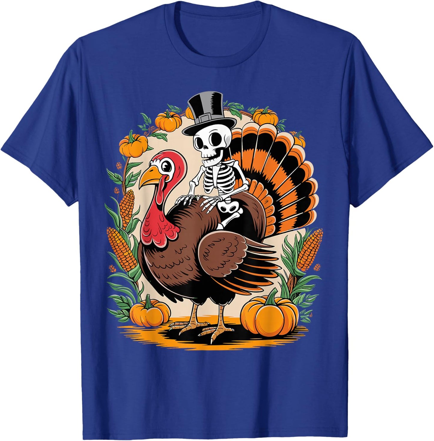 Skeleton Riding Turkey Thanksgiving Day Funny Fall Autumn T-Shirt - T-Shirt | Royal