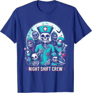 Night-Shift Crew Ghost Skeleton Zombie Funny Halloween Nurse T-Shirt - T-Shirt | Royal