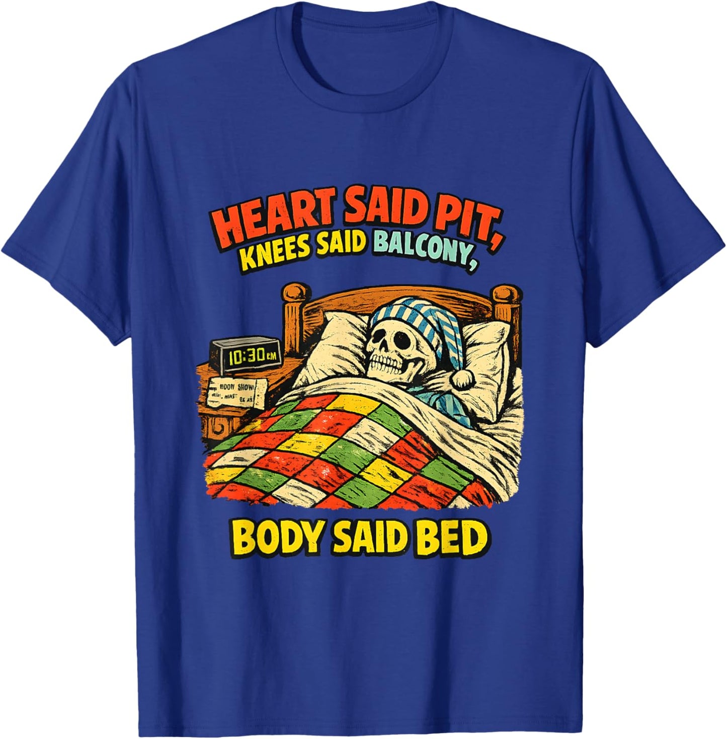 Funny Aging Metalhead Mosh Pit Concert Bed Recovery Skeleton T-Shirt - T-Shirt | Royal