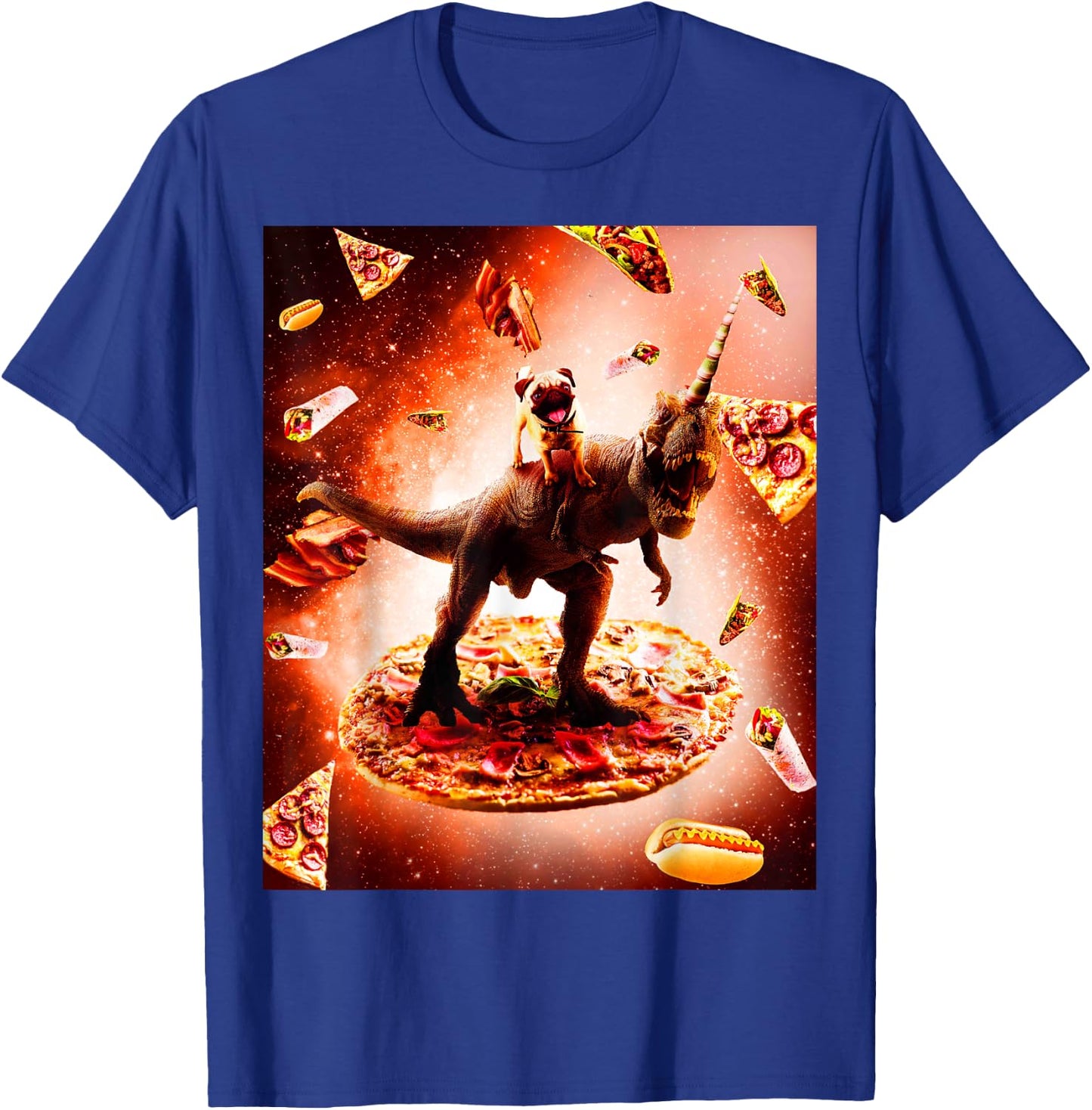Outer Space Pug Riding Dinosaur Unicorn - Pizza T-Shirt - T-Shirt | Royal