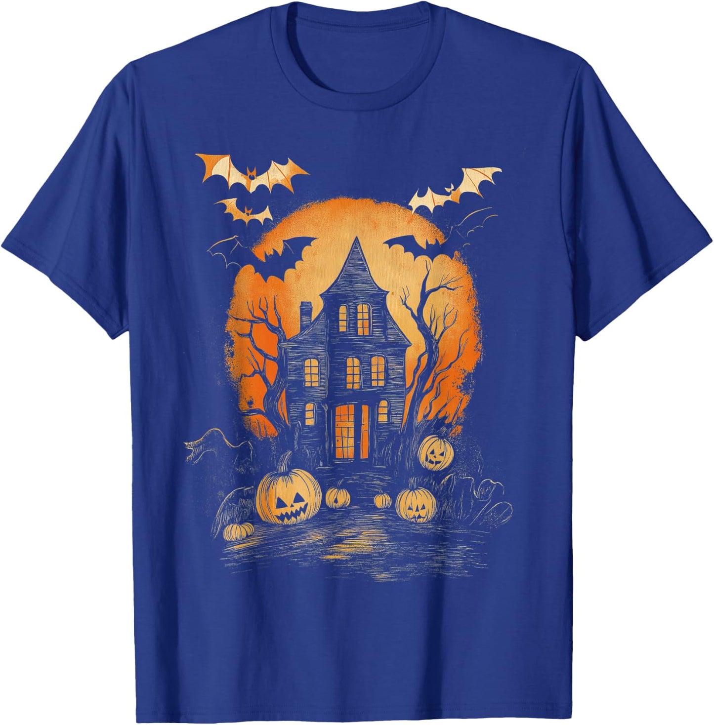 Vintage Spooky Halloween Hunted House Night Casual Graphic T-Shirt - T-Shirt | Royal