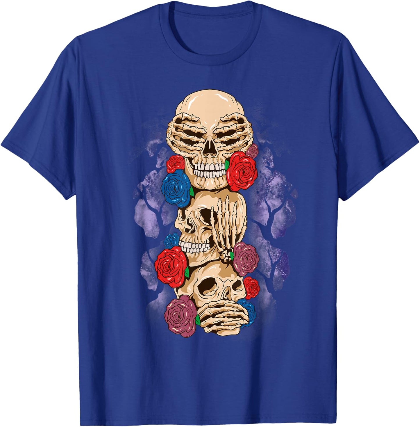 Skull Halloween See No Evil Hear Speak Wise Monkey Rose T-Shirt - T-Shirt | Royal
