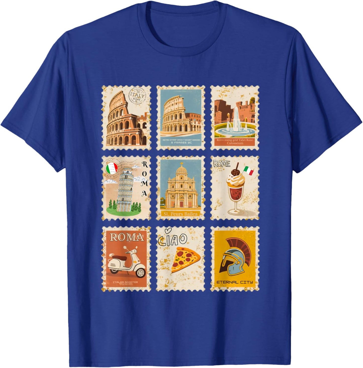 Italian Heritage Rome Landmarks Retro Vintage Stamps T-Shirt - T-Shirt | Royal