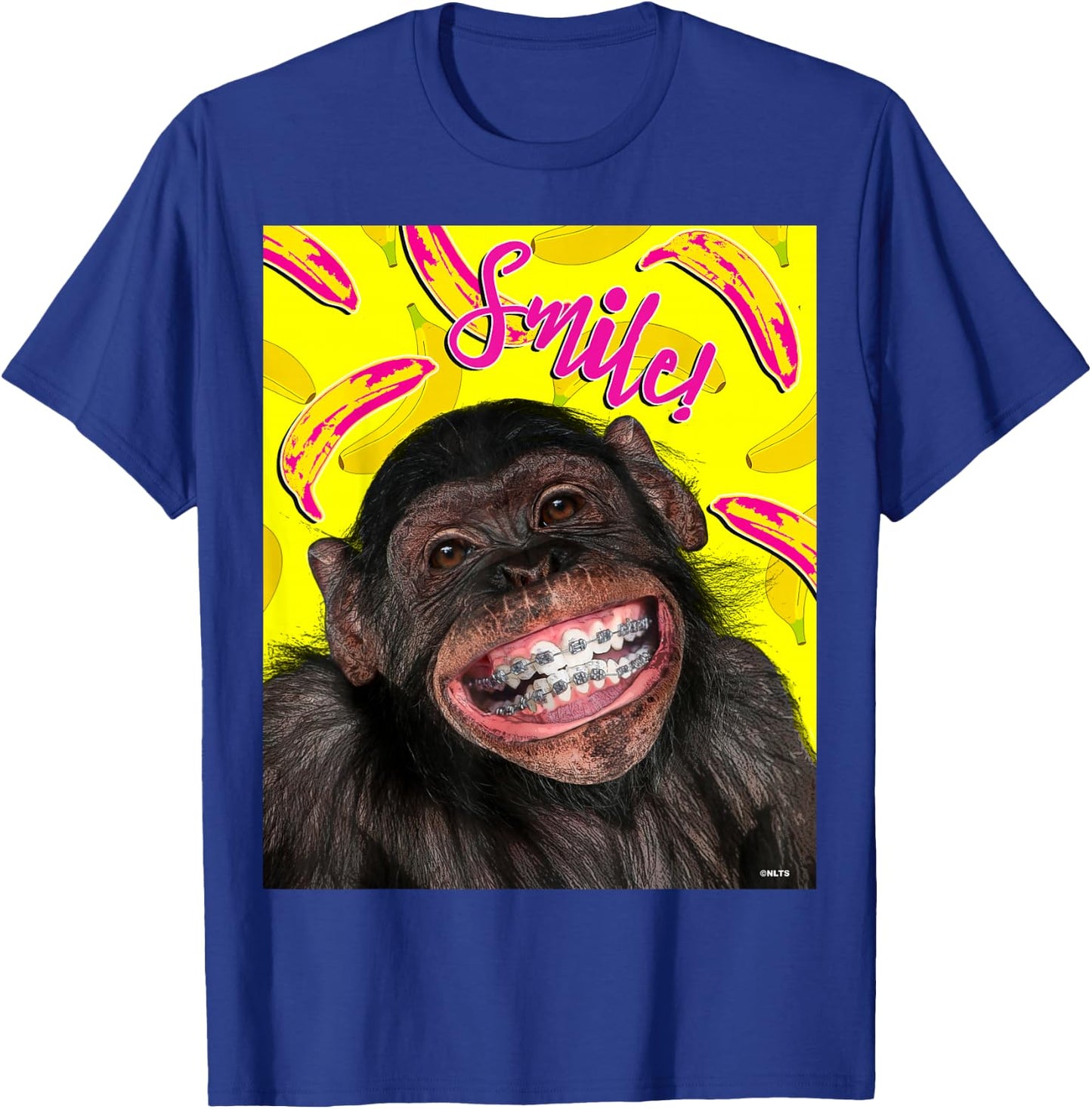 Smile! Smiling chimpanzee with braces Funny Humor T-Shirt - T-Shirt | Royal