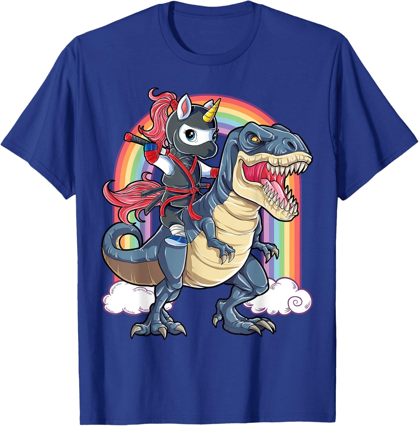Ninja Unicorn Riding Dinosaur T Rex Funny Men Women Rainbow T-Shirt - T-Shirt | Royal