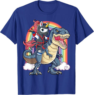 Ninja Unicorn Riding Dinosaur T Rex Funny Men Women Rainbow T-Shirt - T-Shirt | Royal