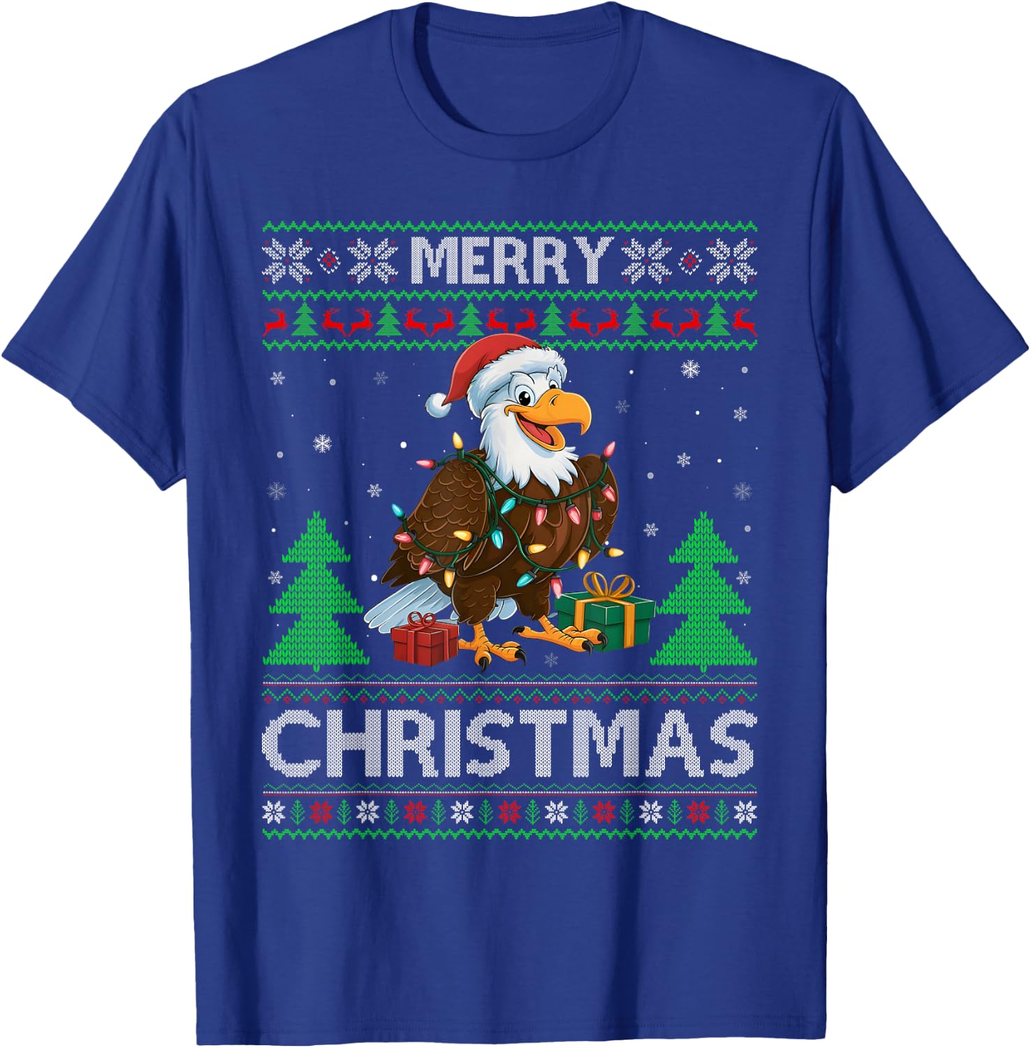 Ugly Xmas Sweater Style Lights Santa Eagle Christmas T-Shirt - T-Shirt | Royal