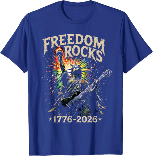 Freedom Rocks Statue of Liberty Guitar 1776-2026 250 Years T-Shirt - T-Shirt | Royal