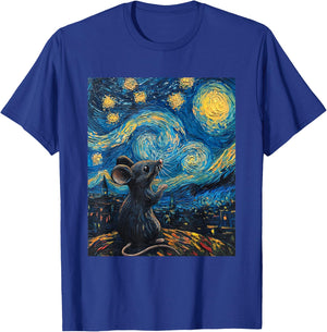 Cute Mouse Rat - Van Gogh Style - Starry Night Graphic T-Shirt - T-Shirt | Royal