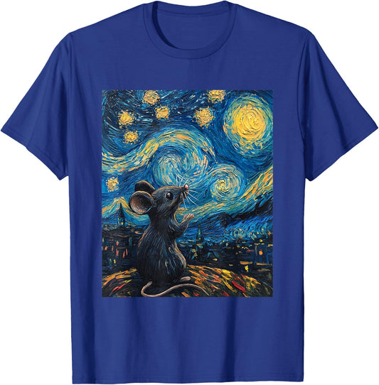 Cute Mouse Rat - Van Gogh Style - Starry Night Graphic T-Shirt - T-Shirt | Royal
