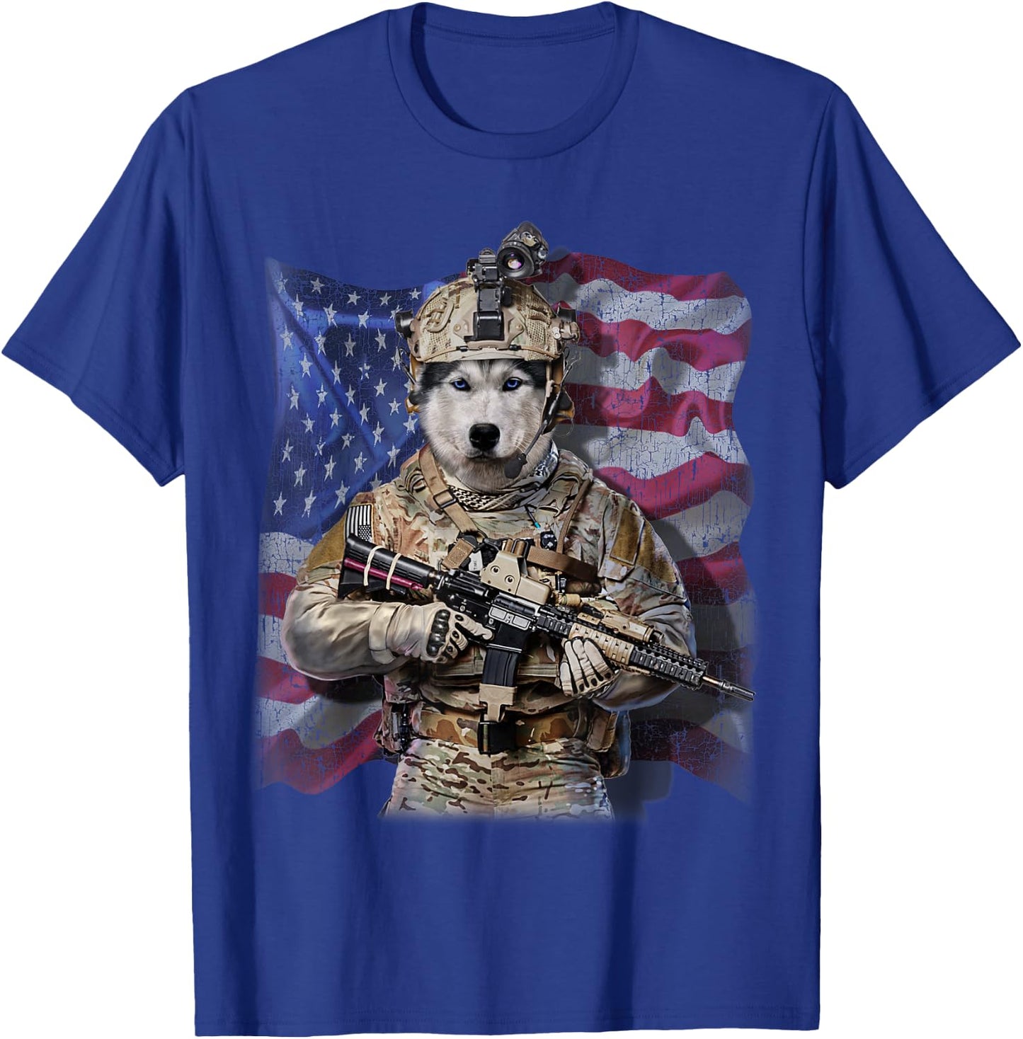 USA Patriot Siberian Husky Dog as Army Commando T-Shirt - T-Shirt | Royal
