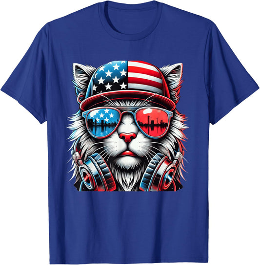 4th of July Cat USA Flag Patriotic Funny Men Boys Kids T-Shirt - T-Shirt | Royal